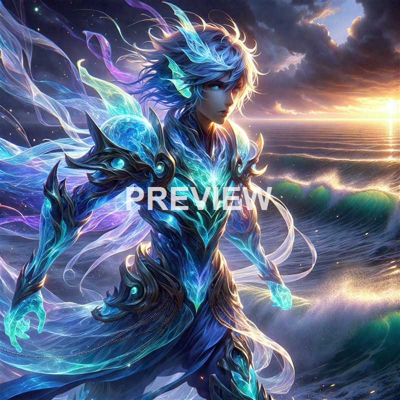 A fantasy character with glowing blue armor and flowing hair stands by the ocean at sunset, with waves and a dramatic cloudy sky in the background.